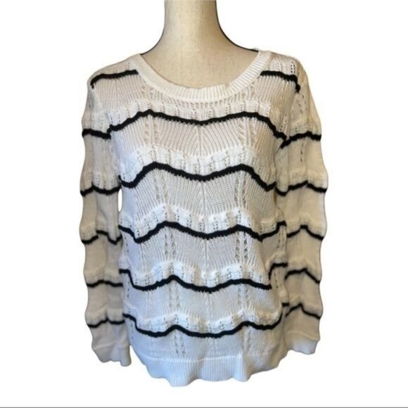 Skies Are Blue Open-Knit White & Black Striped Long Sleeve Sweater Womens Size L - Picture 1 of 13